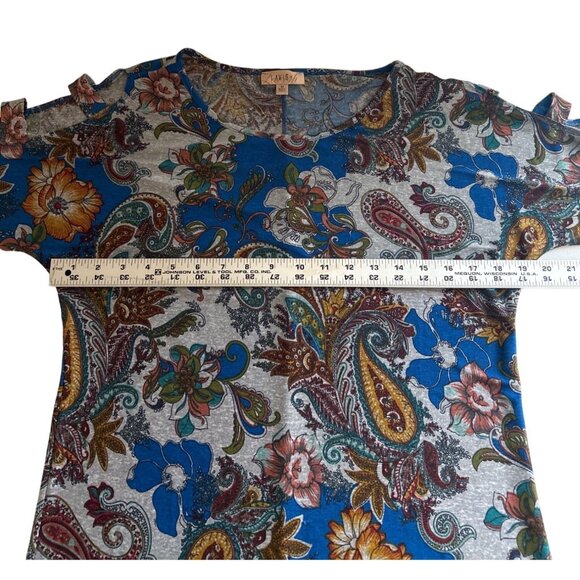 Lavish Brand Blue Floral Print Top With Sleeve Cutouts, Size Medium - Picture 6 of 7